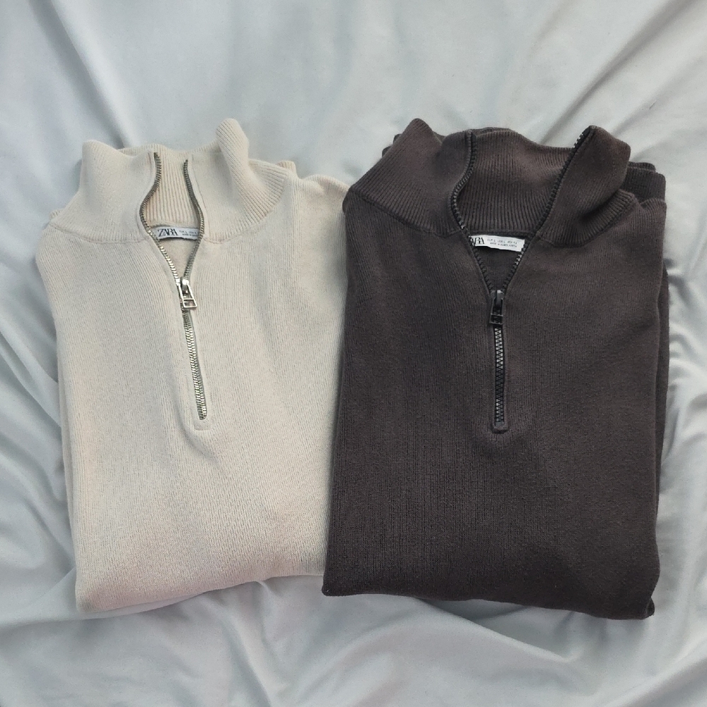 Zara Men's Half-Zip Sweater Set - Cream and Grey - Size L